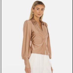 AFRM Satin Puff Sleeves Zayne Button Gront Top Blouse In Sienna Size XS